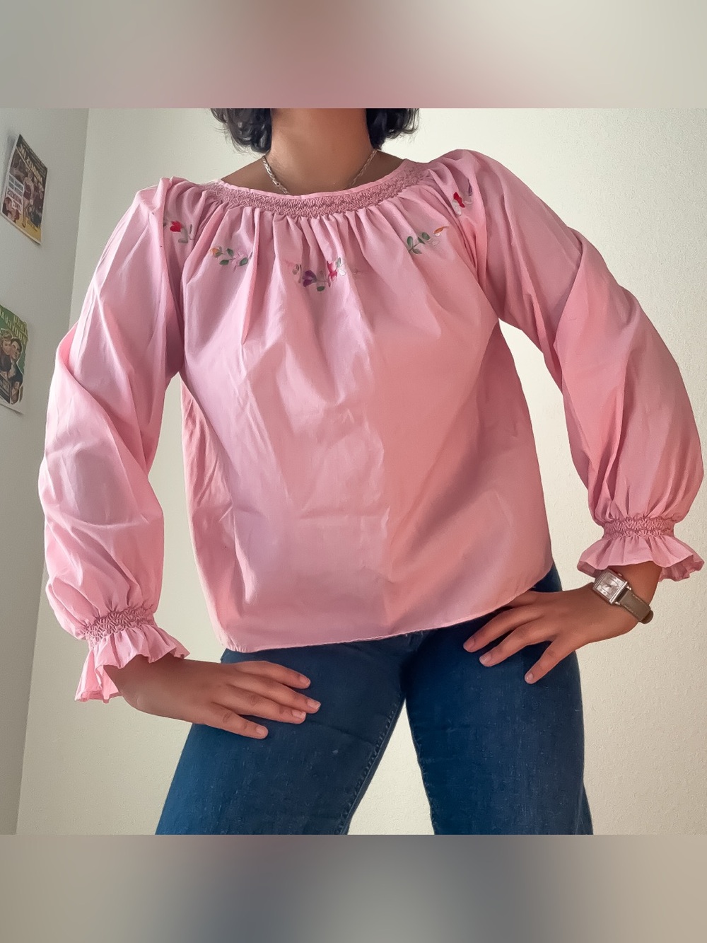 1970s Pink Floral Embroidered Peasant Blouse